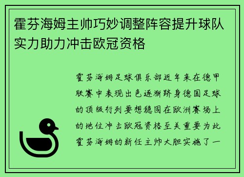 霍芬海姆主帅巧妙调整阵容提升球队实力助力冲击欧冠资格